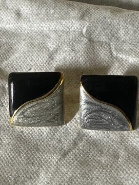 Vintage Square Black and Silver Swirl Clip-On Earrings with Gold Trim